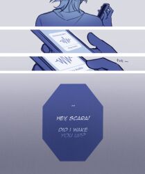 1boy alphastroo alternate_costume blunt_ends break_up casual cellphone contemporary crazy english_text genshin_impact highres holding holding_phone implied_break_up male_focus monochrome phone scaramouche_(genshin_impact) shirt solo speech_bubble