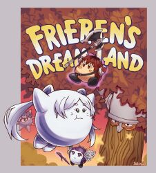 alternate_species axe brown_eyes character_name commentary copyright_name cover eisen_(sousou_no_frieren) eyelashes fairy_wings fake_cover fern_(sousou_no_frieren) floating frieren green_eyes highres himmel_(sousou_no_frieren) holding holding_axe kirby&#039;s_dream_land kirby_(series) levitation magic nintendo parted_bangs purple_eyes purple_hair red_hair sousou_no_frieren staff star_(symbol) stark_(sousou_no_frieren) thick_eyebrows tree video_game_cover whimcb white_hair wings