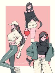 1girl alternate_costume bag bare_shoulders baseball_cap black_hair black_shirt black_sweater blue_jacket breasts closed_mouth collarbone cowboy_shot cropped_sweater fashion feet_out_of_frame final_fantasy final_fantasy_vii final_fantasy_vii_remake frilled_skirt frills from_side ha_lu77 hand_on_own_hip handbag hands_in_pockets hat headphones heart heart-shaped_bag highres holding holding_bag jacket large_breasts long_hair long_sleeves looking_at_viewer low-tied_long_hair medium_breasts midriff midriff_peek miniskirt multiple_views navel open_clothes open_jacket outside_border pants ponytail red_eyes ribbed_sweater shirt shoes skirt sleeveless sleeveless_turtleneck smile sneakers sweater swept_bangs thighhighs tifa_lockhart turtleneck turtleneck_sweater white_pants white_shoes white_skirt white_sweater white_thighhighs yoga_pants