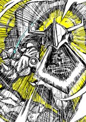 arm_blade arm_cannon blue_eyes cape digimoji digimon digimon_(creature) digimon_adventure digimon_adventure:_bokura_no_war_game eikenkobayashi eye_trail glowing glowing_eye greyscale_with_colored_background highres incoming_attack light_trail mecha monochrome motion_lines omegamon robot simple_background solo speed_lines spot_color sword weapon yellow_background