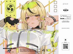 Rule 34 | .akuma, 1girl, armband, black choker, black gloves, black hair, black nails, blonde hair, choker, closed mouth, clothing cutout, crop top, crop top overhang, cropped jacket, dark-skinned female, dark skin, double v, earrings, english text, eyewear on head, face piercing, fang, fingerless gloves, glove cutout, gloves, gradient nails, highres, jacket, jewelry, kaminari qpi, lips, long hair, long sleeves, looking at viewer, multicolored hair, orange eyes, partially fingerless gloves, piercing, ring, single glove, skin fang, solo, streaked hair, swept bangs, tinted eyewear, v, virtual youtuber, vspo!, white jacket, yellow nails, zipper, zipper pull tab