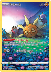 :d antennae artist_name black_sclera card_(medium) character_name colored_sclera company_name copyright_name copyright_notice english_text flower flying gen_3_pokemon glowing grass illumise imagawa_nobuhiro insect_wings narrowed_eyes night night_sky nintendo no_humans official_art open_mouth outdoors pink_flower pokemon pokemon_(creature) pokemon_card pokemon_focus pokemon_tcg red_eyes sky smile solrock star_(sky) third-party_source trading_card volbeat wings yellow_eyes