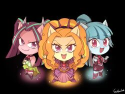 3girls adagio_dazzle adagio_dazzle_(human) animal_ears aria_blaze aria_blaze_(human) black_background chibi chibi_only colored_skin commentary dress english_commentary gem horse_ears horse_girl looking_at_viewer multiple_girls my_little_pony my_little_pony:_equestria_girls my_little_pony:_friendship_is_magic official_alternate_costume open_mouth pink_eyes red_eyes smile sonata_dusk sonata_dusk_(human) ssalbulre standing