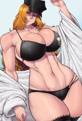 1girl absurdres artist_name bare_shoulders bikini black_thighhighs bleach blue_eyes breasts collarbone female_focus hat highres large_breasts limn044 long_hair matsumoto_rangiku mole mole_under_mouth orange_hair simple_background swimsuit thighhighs thighs