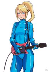 1girl artist_name blonde_hair blue_bodysuit blue_eyes blush bodysuit breasts commentary controller english_commentary finalcake game_controller guitar_hero hair_between_eyes happy high_ponytail holding holding_controller holding_game_controller lips long_hair medium_breasts metroid nervous_sweating nintendo playing_games ponytail samus_aran sidelocks simple_background sketch skin_tight sweat thighs upper_body white_background zero_suit
