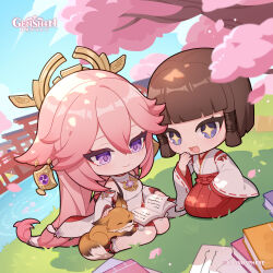 2girls absurdres animal_on_leg black_sandals blue_sky blunt_bangs book book_stack breasts brown_hair cherry_blossoms chibi closed_mouth commentary copyright_name day detached_sleeves dot_nose english_commentary fox genshin_impact hair_between_eyes hakama hand_on_animal hand_up highres japanese_clothes light_smile long_hair long_sleeves medium_breasts medium_hair miko multiple_girls obi official_art open_book open_mouth pink_hair pond purple_eyes red_hakama sandals sash seiza sitting sky sleeveless sleeves_past_wrists tassel tree very_long_hair water wide_sleeves yae_miko