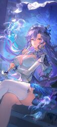 1girl absurdres blue_eyes blue_flower breasts cantarella_(wuthering_waves) chaerom commentary crossed_legs dress earrings facial_mark flower hair_between_eyes hair_flower hair_ornament headdress highres holding holding_umbrella jellyfish jewelry large_breasts long_hair looking_at_viewer mark_under_eye parasol parted_lips purple_hair shrug_(clothing) single_thighhigh sitting smile solo thighhighs thighs umbrella very_long_hair white_dress white_shrug white_thighhighs wuthering_waves