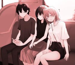 ... 1boy 2girls alternate_costume bag between_breasts black_pants black_shirt black_skirt book breasts closed_mouth commentary_request feet_out_of_frame hair_between_eyes hair_bun heart heart_necklace highres hikigaya_hachiman holding holding_book jewelry leaning_on_person long_hair miniskirt multiple_girls necklace open_book pants parted_lips reading shiina_aoi shirt short_hair shoulder_bag single_hair_bun single_side_bun sitting skirt sleeping sleeping_on_person sleeping_upright sleeveless sleeveless_shirt strap_between_breasts t-shirt thighs train_interior white_shirt window yahari_ore_no_seishun_lovecome_wa_machigatteiru. yuigahama_yui yukinoshita_yukino zzz