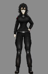 1girl absurdres anastasia_khachula atom atomwaffen belt belt_buckle black_belt black_boots black_jacket black_pants blood_type boots breasts buckle cargo_pants clenched_hand commission commissioner_upload full_body grey_background grin hair_between_eyes highres jacket knee_pads lace-up_boots large_breasts long_hair looking_at_viewer messy_hair morale_patch non-web_source orange_eyes original pale_skin pants patch pentagram pentagram_necklace pentagram_pendant russo-ukrainian_war rust scar scar_on_face scar_on_mouth scar_on_nose sgtgasmaskmun sharp_teeth shoulder_patch simple_background smile spiked_hair standing teeth tryzub ukraine ukrainian_flag ukrainian_ground_forces ukrainian_insurgent_army_flag zipper zipper_pull_tab