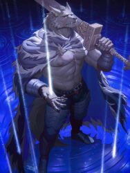 1boy abs absurdres animal_ear_fluff animal_ears bara biceps blaidd_the_half-wolf bulge cape closed_mouth commentary elden_rings english_commentary fang fang_out fur_cape furry furry_male gauntlets greatsword highres holding holding_sword holding_weapon leg_armor looking_up male_focus multiple_scars muscular muscular_male navel navel_hair nipples over_shoulder pectorals rain ripples scar scar_on_chest scar_on_face sword sword_over_shoulder tail uiokv water weapon weapon_over_shoulder wolf_boy wolf_ears wolf_tail
