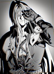 1boy armor belt black_coat black_gloves chest_strap closed_mouth coat collarbone commentary final_fantasy final_fantasy_vii final_fantasy_vii_remake gloves gradient_background grey_hair greyscale hand_up highres long_bangs long_hair long_sleeves looking_at_viewer male_focus monochrome parted_bangs sephiroth shoulder_armor slit_pupils solo symbol-only_commentary upper_body yan_river