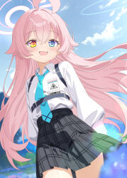 1girl :d ahoge aruka_(alka_p1) black_skirt blue_archive blue_eyes blue_necktie blush cloud collared_shirt commentary_request cowboy_shot day fang hair_between_eyes halo heterochromia highres hoshino_(blue_archive) long_hair long_sleeves looking_at_viewer necktie open_mouth outdoors pink_hair pink_halo plaid_clothes plaid_skirt pleated_skirt red_eyes school_uniform shirt skin_fang skirt smile solo white_shirt