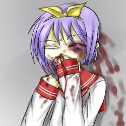 1girl bags_under_eyes bleeding blood blood_from_mouth blood_on_clothes blood_on_face blood_on_wall blood_splatter bow bruise bruise_on_face bruised_eye colored_sclera commentary covering_own_mouth crying crying_with_eyes_open hairband hand_on_own_face hiiragi_tsukasa injury konakona018 lazy_eye lucky_star motteke!_serafuku neckerchief pink_neckerchief purple_hair red_sailor_collar red_sclera russian_commentary ryouou_school_uniform sad sailor_collar school_uniform serafuku short_hair simple_background spitting spitting_blood tears translation_request vomiting yellow_bow yellow_hairband