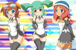 3girls amano_madoka apron beyblade blush child cosplay crossover inazuma_eleven inazuma_eleven_(series) luca_(yu-gi-oh!) maid maid_apron metal_fight_beyblade multiple_girls smile takappe thighhighs waitress yu-gi-oh! yu-gi-oh!_5d&#039;s zaizen_touko