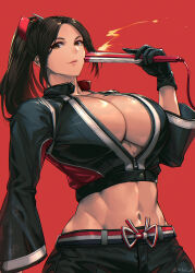 1girl breasts bursting_breasts fatal_fury fatal_fury:_city_of_the_wolves highres large_breasts long_hair midriff navel shiranui_mai smile snk solo the_king_of_fighters toned