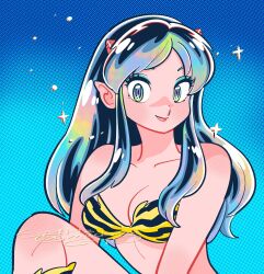 Rule 34 | 1girl, animal print, bikini, blue background, breasts, cleavage, collarbone, cone horns, eyelashes, gradient background, highres, horns, knee up, long hair, looking at viewer, lum, muda rengou to ziggy stardust, pointy ears, print bikini, print boots, sidelocks, signature, solo, star (symbol), swimsuit, tiger print, urusei yatsura