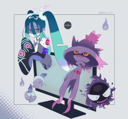 1girl ^_^ aqua_hair black_sleeves blue_hair closed_eyes colored_sclera detached_sleeves fangs gastly gen_1_pokemon gen_4_pokemon gen_5_pokemon ghost_miku_(project_voltage) hair_between_eyes hatsune_miku highres kokiya litwick long_hair mismagius monitor multicolored_hair nintendo open_mouth pale_skin pokemon pokemon_(creature) project_voltage red_eyes simple_background sleeves_past_fingers sleeves_past_wrists through_medium through_screen twintails twitter_username very_long_hair vocaloid white_hair yellow_eyes yellow_sclera
