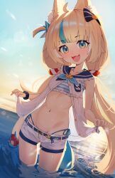 1girl absurdres ahoge animal_ears bikini bikini_under_clothes blonde_hair blue_bikini blue_eyes blue_hair blue_sky breasts cat_ears cloud dress fins fish_girl fish_tail highres indie_virtual_youtuber jaihu long_hair looking_at_viewer low_twintails multicolored_hair navel one_side_up open_mouth sameko_saba short_shorts shorts sky sleeveless sleeveless_dress small_breasts smile solo streaked_hair sun swimsuit tail twintails very_long_hair virtual_youtuber wading water white_dress white_shorts