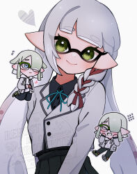 Rule 34 | 1girl, absurdres, artist name, black shirt, black skirt, blue ribbon, braid, chibi, chibi inset, closed mouth, collared shirt, commentary request, eyelashes, flying sweatdrops, green eyes, grey hair, heart, highres, inkling, inkling girl, inkling player character, long hair, looking at viewer, multicolored hair, multiple views, nintendo, pleated skirt, pointy ears, red hair, ribbon, shirt, short eyebrows, simple background, single braid, skirt, smile, splatoon (series), splatoon 3, standing, streaked hair, sushizanmai0524, tentacle hair, thick eyebrows, twitter username, two-tone hair, watermark, white background