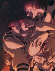 Rule 34 | 3boys, abs, anal, arm tattoo, artist name, chest tattoo, double penetration, dual persona, ear piercing, facial tattoo, finger in another&#039;s mouth, grin, hair slicked back, highres, itadori yuuji, jujutsu kaisen, leg tattoo, male focus, multiple boys, nipples, pectorals, penis, piercing, pink hair, rubymoon art, ryoumen sukuna (jujutsu kaisen), ryoumen sukuna (true form) (jujutsu kaisen), short hair, smile, tattoo, teeth, testicles, yaoi