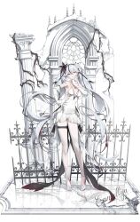 Rule 34 | 1girl, absurdres, alternate costume, bare shoulders, black eyes, black flower, breasts, camellya (wuthering waves), commentary, dress, elbow gloves, english commentary, flower, full body, gloves, grey pantyhose, hair between eyes, hair flower, hair ornament, hand on own hip, high heels, highres, large breasts, long hair, looking at viewer, pantyhose, parted lips, red pupils, revision, rose, simple background, sketch, smile, solo, twintails, very long hair, white background, white dress, white flower, white gloves, white hair, white pantyhose, white rose, wuthering waves, youngjoo kjy