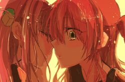 2girls ao_(aymr6215) blush bocchi_the_rock! closed_eyes closed_mouth commentary cube_hair_ornament gotoh_hitori green_eyes hair_ornament highres kita_ikuyo long_hair multiple_girls one_side_up pink_hair red_hair upper_body yellow_background yuri