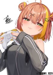 1girl ;3 absurdres ahoge bare_shoulders blonde_hair blush breasts colored_inner_hair controller dated double_bun drawstring flower game_controller glaring green_eyes grey_jacket hair_between_eyes hair_bun hair_flower hair_ornament hairclip half-closed_eyes head_tilt highres holding holding_controller holding_game_controller honma_himawari honma_himawari_(15th_costume) jacket long_sleeves looking_at_viewer medium_breasts multicolored_hair multicolored_nails nijisanji off_shoulder one_eye_closed orange_hair orange_nails short_hair signature simple_background sleeves_past_wrists smug solo streaked_hair sunflower sunflower_hair_ornament ta1sh1 track_jacket twitter_username upper_body v-shaped_eyebrows virtual_youtuber white_background x_hair_ornament yellow_nails