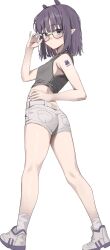 1girl absurdres adjusting_eyewear alternate_costume arm_up ass bespectacled blue_eyes blush breasts closed_mouth commentary from_behind glasses grey_shorts hand_on_own_hip highres hololive hololive_english looking_at_viewer looking_to_the_side medium_hair ninomae_ina&#039;nis pointy_ears purple_hair purple_nails scarlet_(wv0102) shoes short_shorts shorts shoulder_tattoo simple_background small_breasts socks solo standing symbol-only_commentary tattoo virtual_youtuber white_background white_socks