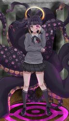 Rule 34 | 1girl, absurdres, arm under breasts, black hair, black ribbon, black shoes, black skirt, black socks, blue eyes, blunt bangs, blush, chuunibyou, collared shirt, commentary, eyepatch, full body, glowing, glowing eye, gradient hair, grey sweater, hair ornament, halo, halo behind head, hand over eye, hand up, headpiece, heterochromia, highres, hololive, hololive english, light smile, long sleeves, looking at viewer, magic circle, medical eyepatch, miniskirt, mole, mole under eye, multicolored hair, ninomae ina&#039;nis, ninomae ina&#039;nis (school uniform), official alternate costume, official alternate hairstyle, orange hair, pink eyes, plaid clothes, plaid skirt, pointy ears, ribbon, school emblem, school uniform, shirt, shoes, side ponytail, sidelocks, skirt, socks, solo, standing, straight-on, sweater, tentacle hair, tentacles, unworn eyepatch, v-neck, varo 006, virtual youtuber, white shirt, wooden floor
