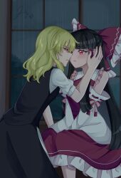 2girls absurdres ascot black_hair black_skirt black_vest blonde_hair blush bow commentary_request detached_sleeves eye_contact frilled_bow frilled_hair_tubes frilled_skirt frills hair_bow hair_tubes hakurei_reimu highres imminent_kiss kirisame_marisa long_hair looking_at_another mito_(fate) multiple_girls no_headwear open_mouth puffy_short_sleeves puffy_sleeves rain red_bow red_eyes red_skirt ribbon-trimmed_sleeves ribbon_trim short_sleeves sitting skirt skirt_set touhou very_long_hair vest yellow_ascot yuri
