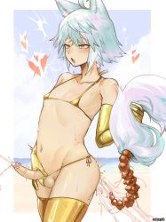 1boy absurdres anal_beads anal_tail animal_ears bar_censor bikini blue_hair blush butt_plug censored cum cum_in_ass ejaculation elbow_gloves erection fake_tail gloves gold_bikini gold_gloves gold_thighhighs highres male_focus micro_bikini nohtuy open_mouth original penis red_eyes saliva sex_toy short_hair swimsuit tail trap