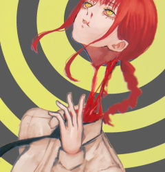 1girl black_necktie blood blood_on_face bonjindaaa chainsaw_man collared_shirt decapitation floating_neckwear guro highres looking_up makima_(chainsaw_man) medium_hair necktie nosebleed red_hair ringed_eyes shirt sidelocks sleeveless solo spiral white_shirt yellow_eyes
