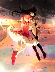 Rule 34 | 2girls, akemi homura, akemi homura (magical girl), black boots, black eyes, black hair, black pantyhose, boots, bow, bubble skirt, cityscape, clock, collared capelet, commentary, dress, english commentary, floating, floating hair, footwear bow, frilled skirt, frills, frown, gloves, hair ribbon, hairband, hand on another&#039;s head, highres, kaname madoka, kaname madoka (magical girl), long hair, magical girl, mahou shoujo madoka magica, multiple girls, non-web source, open mouth, orange sky, pantyhose, pink bow, pink dress, pink hair, purple skirt, red shoes, ribbon, roman numeral, shoes, short twintails, skirt, sky, skyline, socks, twintails, upside-down, white socks, yaeccia, yuri
