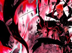 1boy absurdres arm_markings aura bankai black_jacket bleach bleach:_sennen_kessen-hen blood blood_on_face chain collarbone commentary commission debris english_commentary fighting_stance foot_out_of_frame gloves glowing glowing_eye glowing_lines highres holding holding_sword holding_weapon jacket katana ken&#039;ichi_(ken1ro_u) kurosaki_ichigo long_sleeves looking_at_viewer male_focus nose one_eye_closed open_mouth orange_hair red_eyes rubble sash second-party_source shihakusho short_hair skeb_commission solo spiked_hair standing sword teeth tensa_zangetsu_(bankai) torn_clothes torn_sleeve weapon wide-eyed zanpakutou