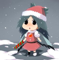 1girl :o aaaa_(aaaa480) arm_cannon bird_wings black_eyes black_socks black_wings blush bow chibi commentary_request control_rod_(touhou) cookie_(touhou) dress full_body fur-trimmed_headwear fur_trim green_bow grey_background grey_hair hair_bow hat long_hair looking_at_viewer nadeko_(cookie) open_mouth parted_bangs puffy_short_sleeves puffy_sleeves red_dress red_hat reiuji_utsuho santa_hat short_sleeves snow snowing socks solo standing third_eye touhou weapon wings