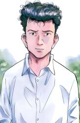 1boy absurdres billy_bat black_hair brown_eyes closed_mouth collared_shirt highres looking_at_viewer medium_hair non-web_source serious shirt solo upper_body white_shirt yamagata_kevin