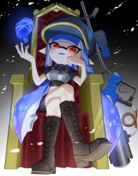 1girl absurdres amakusa_setoka black_background blue_hair boots brown_boots burst_bomb_(splatoon) commentary e-liter_4k_(splatoon) gradient_hair hat highres inkling inkling_girl inkling_player_character lace-up_boots long_hair multicolored_hair nintendo open_mouth peaked_cap pointy_ears red_eyes red_pupils signature sitting sitting_on_throne smile solo splatoon_(series) splatoon_3 tentacle_hair very_long_hair