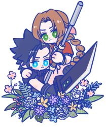 Rule 34 | 105zz, 1boy, 1girl, aerith gainsborough, armor, black gloves, black hair, blue eyes, blue flower, blush, braid, braided ponytail, brown hair, buster sword, closed mouth, commentary request, crisis core final fantasy vii, dress, final fantasy, final fantasy vii, final fantasy vii rebirth, final fantasy vii remake, flower, gloves, green eyes, hair ribbon, hand on another&#039;s shoulder, holding, holding staff, holding sword, holding weapon, jacket, leaf, looking at viewer, parted bangs, pink dress, pink flower, pink ribbon, ponytail, purple flower, red jacket, ribbed sweater, ribbon, shoulder armor, sleeveless, sleeveless turtleneck, spiked hair, staff, sweater, sword, turtleneck, turtleneck sweater, weapon, white background, white flower, yellow flower, zack fair