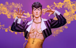 1boy anchor_symbol black_hair blue_eyes chain cropped_jacket diamond_wa_kudakenai earrings fingernails gold_earrings gold_necklace higashikata_josuke highres jewelry jojo_no_kimyou_na_bouken lips male_focus necklace nose peace_symbol pectorals pompadour realistic solo yahidna