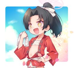 1girl :d black_hair blue_archive blush bow chest_sarashi collarbone falling_petals flat_chest fundoshi hair_bow halo hand_on_own_hip happi holding holding_towel japanese_clothes loli medium_hair midriff navel open_mouth parted_bangs petals pink_halo ponytail red_happi rickshaw_student_(blue_archive) sakurabe_notos sarashi smile solo sweat towel v-shaped_eyebrows white_bow yellow_eyes