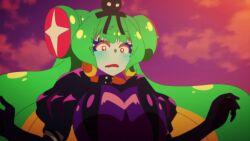 1girl animated anime_screenshot black_gloves blonde_hair blush bouncing_breasts breasts closed_eyes colored_skin cthulhu_(necronomico_no_cosmic_horror_show) dress elbow_gloves eldritch_abomination gloves gradient_hair green_hair green_skin highres large_breasts mayusaka_mayu multicolored_hair necronomico_no_cosmic_horror_show possessed possession purple_dress red_eyes red_hair revealing_clothes smile sound star-shaped_pupils star_(symbol) symbol-shaped_pupils tagme upper_body video