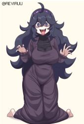 Rule 34 | 1girl, @ @, ahoge, alternate breast size, barefoot, black hair, breasts, commentary, curly hair, dress, grey eyes, hair between eyes, hairband, hands up, hex maniac (pokemon), highres, kneeling, long hair, long sleeves, looking at viewer, nail polish, nintendo, open mouth, pokemon, pokemon xy, purple hairband, purple nails, reviruu, saliva, solo, tongue, tongue out, twitter username