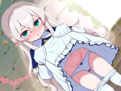 1girl absurdres blurry blurry_background blush bow bow_panties cameltoe character_request clothes_lift clothes_pull commission dress dress_lift dungeon_and_fighter dutch_angle frilled_dress frills gluteal_fold green_eyes hair_between_eyes highres lifting_own_clothes lk149 loli long_hair long_sleeves navel open_mouth panties pantyhose pantyhose_pull pixiv_commission pointy_ears solo sweat underwear white_dress white_hair white_panties white_pantyhose