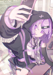 1girl absurdres animal_ears araineko arm_up black_hoodie cat_ears cat_girl cellphone chain chalkboard classroom closed_mouth collar commission eyes_visible_through_hair goshichi_shoji hairband highres hood hoodie indie_virtual_youtuber nail_polish open_clothes open_hoodie paper phone purple_eyes purple_hair purple_shirt purple_skirt school_uniform selfie shirt skeb_commission skirt smartphone solo strap symbol-shaped_pupils thigh_strap thighhighs x-shaped_pupils