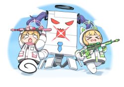 &gt;_&lt; 3girls absurdres animal_ears animal_helmet battle_rifle black_halo blonde_hair blue_archive blue_sky blunt_bangs border cat_ears cat_helmet chibi cloud commentary_request elomil fake_animal_ears fake_tail gloves green_halo green_jacket gun h&amp;k_g3 halo helmet highres holding holding_gun holding_weapon jacket long_sleeves mechanical_halo midori_(battlesuit)_(blue_archive) midori_(blue_archive) momoi_(battlesuit)_(blue_archive) momoi_(blue_archive) multicolored_jacket multiple_girls non-humanoid_robot official_alternate_costume open_mouth pants pink_halo pink_jacket pocket rifle robot round_border running sky snow tail tearing_up wavy_mouth weapon white_gloves white_helmet white_jacket white_pants wide_oval_eyes winter yuuka_(blue_archive)