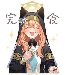 1girl absurdres animal_ears aqua_neckerchief black_coat black_veil blue_archive blush cat_ears cat_girl closed_eyes coat commentary_request dress ears_under_headwear food food_on_face fork gold_armlet halo highres holding holding_fork long_hair long_sleeves mari_(blue_archive) muo_(muojjang_0929) neckerchief nun open_mouth orange_hair puffy_long_sleeves puffy_sleeves sailor_collar sailor_dress simple_background smile solo sparkle sparkling_aura teeth turtleneck upper_body upper_teeth_only veil white_background white_dress white_sailor_collar yellow_halo