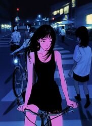 1girl bicycle black_dress black_hair blunt_bangs car city_lights colored_skin commentary crosswalk crying dark dress highres long_hair motor_vehicle night oddxegg0 original people pushing_bicycle riding riding_bicycle road solo_focus street translation_request