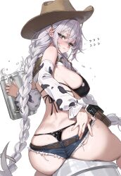 1girl absurdres animal_print ass azur_lane bikini black_bikini blush braid breasts closed_mouth covered_erect_nipples cow_print cowboy_hat cowboy_western cowgirl_(western) cup detached_sleeves eyelashes fargo_(azur_lane) fargo_(dairy_in_the_dreary_sun)_(azur_lane) fingernails flying_sweatdrops freng green_eyes gun hair_between_eyes hat highres holding holster holstered long_hair looking_at_viewer looking_back mechanical_bull milk official_alternate_costume oversized_object sideboob simple_background skindentation solo sweat swimsuit thong thong_bikini twintails very_long_hair weapon whale_tail_(clothing) white_background white_hair