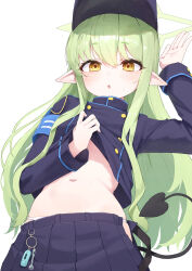 1girl absurdres armband auuufox black_jacket black_skirt blue_archive blue_armband blush clothes_lift demon_tail green_hair green_halo halo hat highres hikari_(blue_archive) jacket jacket_lift lifting_own_clothes loli long_hair long_sleeves looking_at_viewer navel open_mouth panties peaked_cap pleated_skirt pointy_ears skindentation skirt solo stomach sweat tail underwear white_panties yellow_eyes