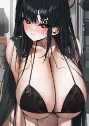 1girl absurdres bikini black_bikini black_hair blue_archive blush breasts hair_ornament hairclip highres huge_breasts light_smile long_hair looking_at_viewer poharo red_eyes rio_(blue_archive) solo swimsuit upper_body